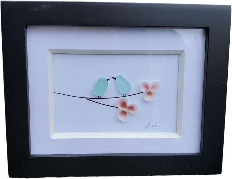 Handmade Mini Seaglass Birds on a branch with tiny pink shell flowers. Authentic Seaglass, Made in Maine, Small frame with glass. 3 1/2 by 4 inch framed art Sea Glass with pink shells - Image 1